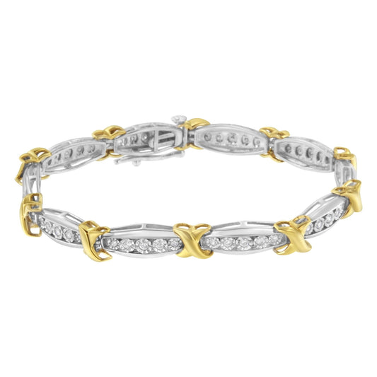 Bracelet with alternating yellow and white metal links, each white metal link set with round white gemstones in miracle setting, shown in a close-up side angle.
