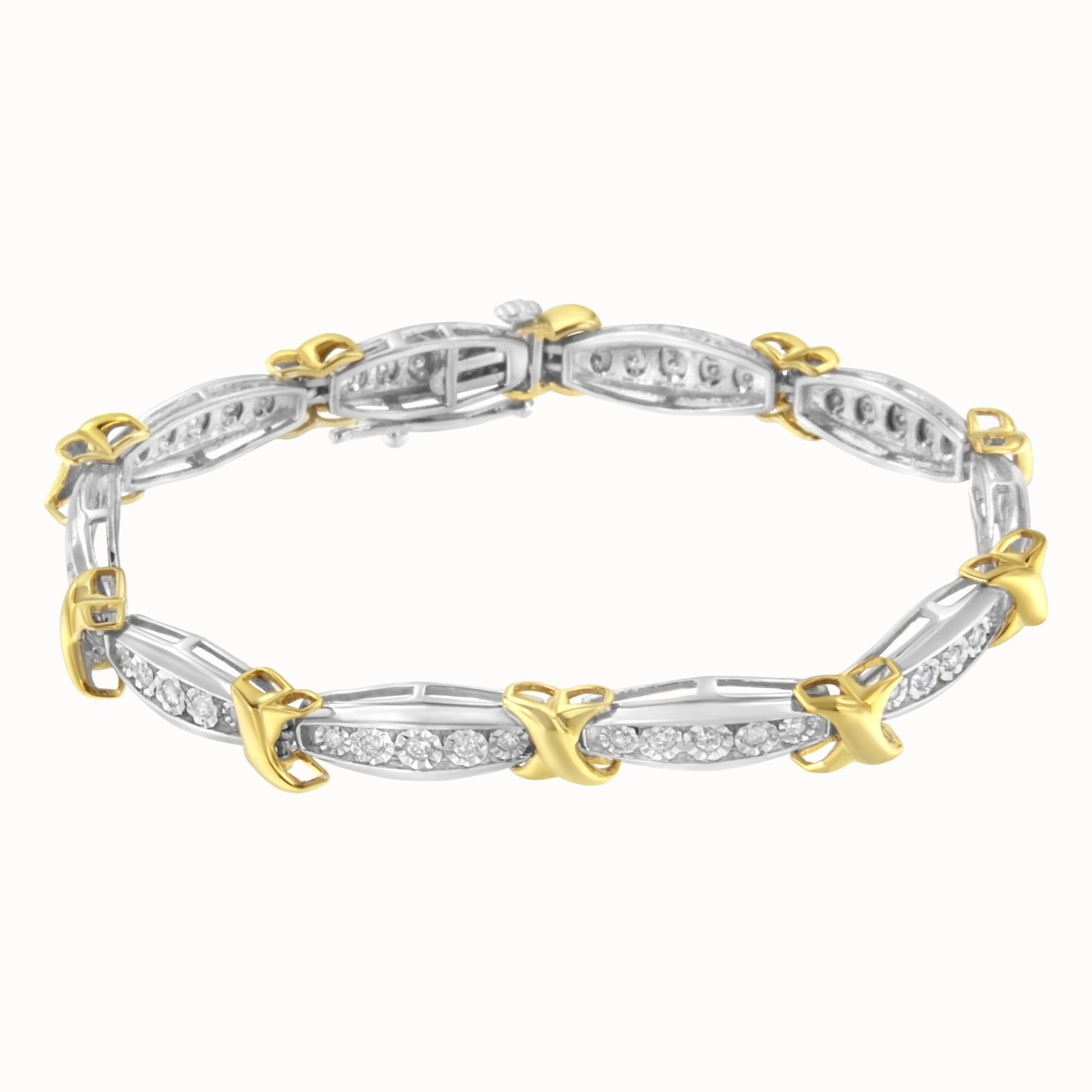 Bracelet with alternating yellow and white metal links featuring round white gemstones in miracle setting, shown from angled top view.