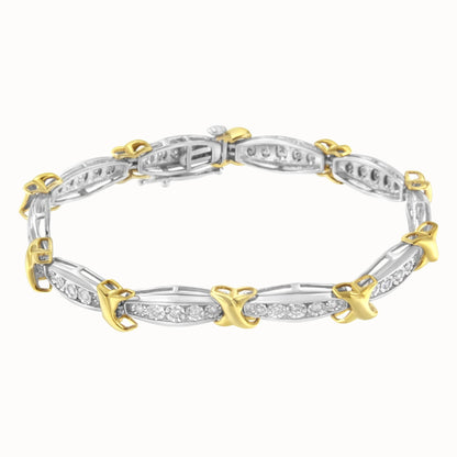 Bracelet with alternating yellow and white metal links featuring round white gemstones in miracle setting, shown from angled top view.