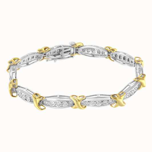 Bracelet with alternating yellow and white metal links featuring round white gemstones in miracle setting, shown from angled top view.