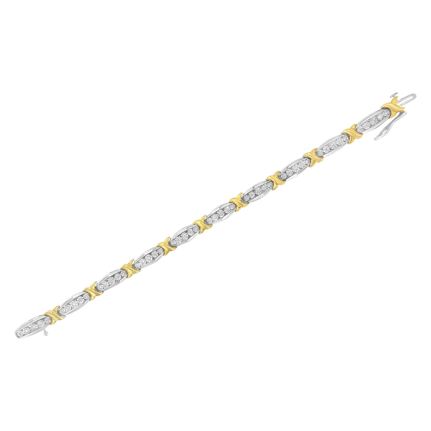 Diagonal top-down view of a bracelet featuring alternating yellow and white sections, with white round gemstones set in the white parts.