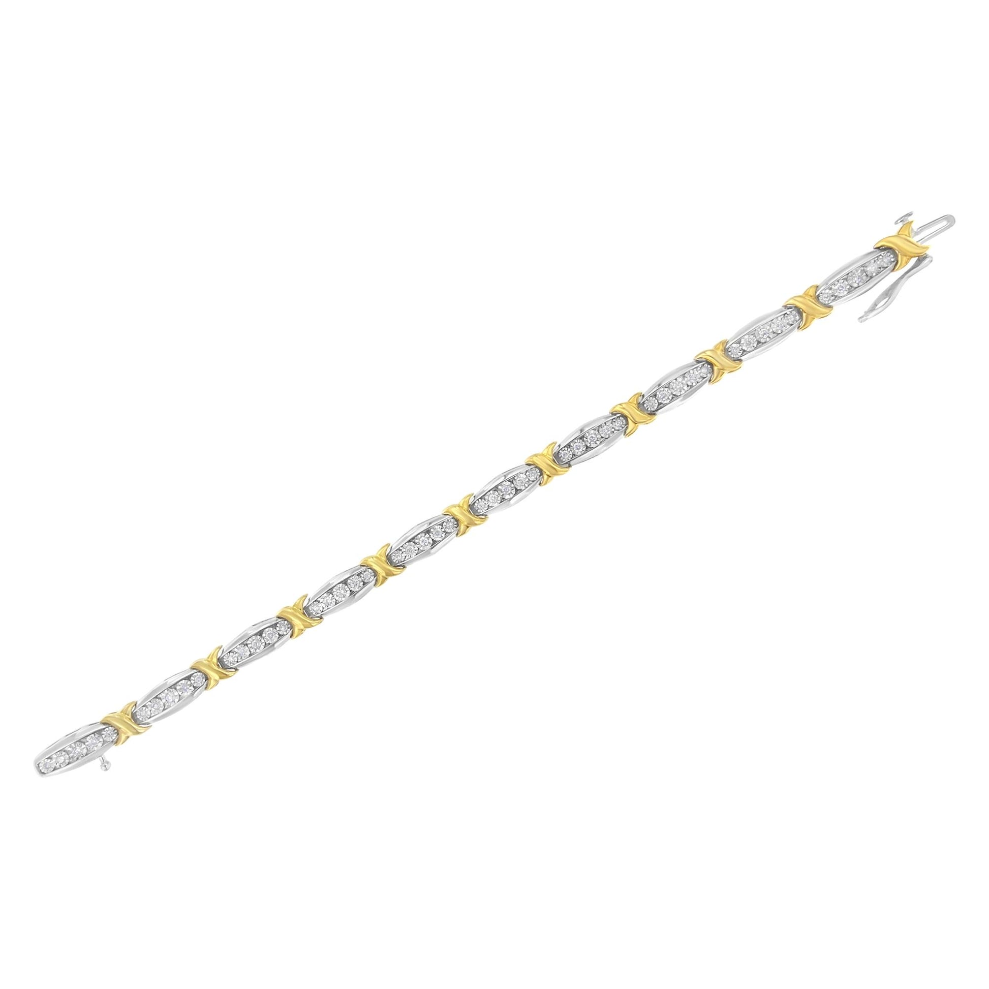 Diagonal top-down view of a bracelet featuring alternating yellow and white sections, with white round gemstones set in the white parts.
