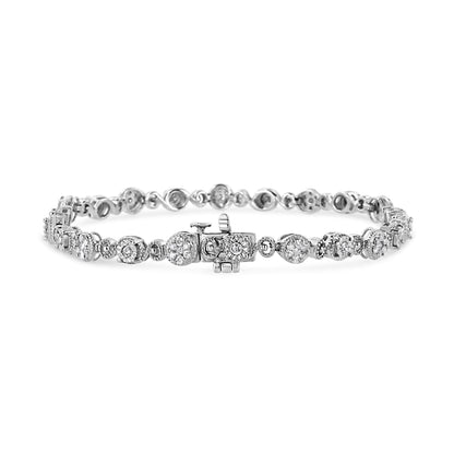 White metal bracelet with round white gemstones in prong and miracle settings, shown in a front angle shot.