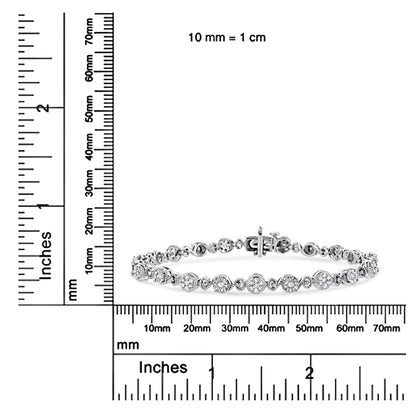 White metal bracelet with round and cluster white gemstones, shown on a ruler for size reference, front-facing angle.