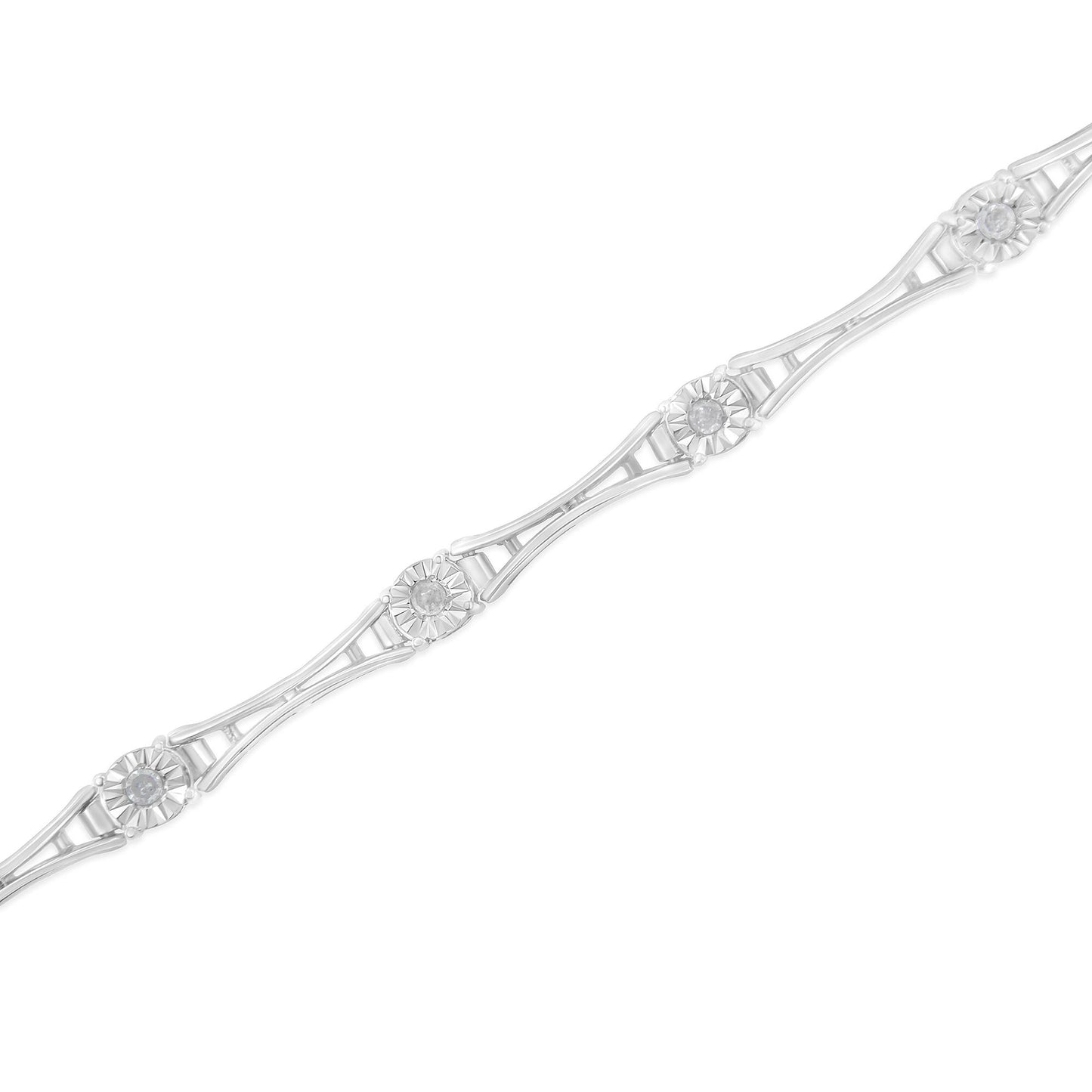Diagonal close-up of a white metal bracelet featuring round white gemstones in miracle settings along its length.