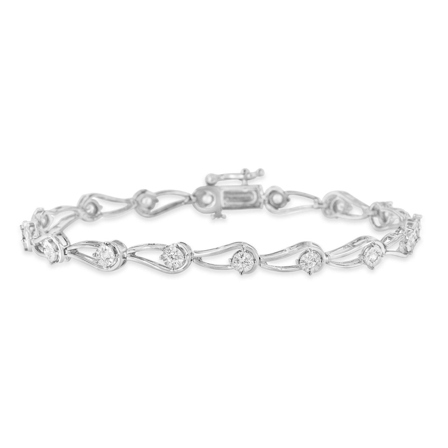 Front angled view of a white bracelet featuring round white gemstones in a miracle setting.