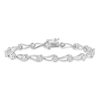 Front angled view of a white bracelet featuring round white gemstones in a miracle setting.