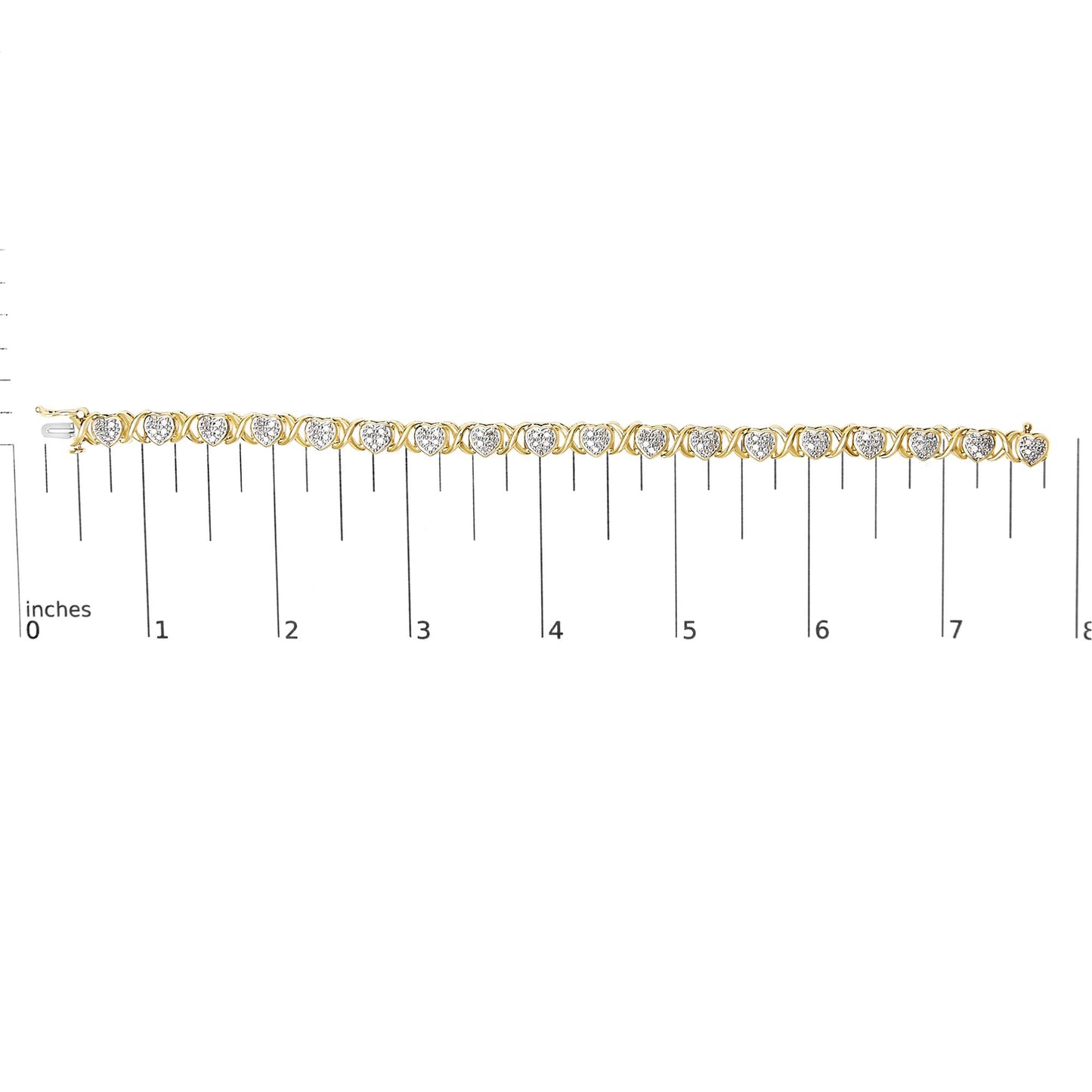 Bracelet with alternating yellow and white metal heart-shaped links with white gemstones in pave setting, displayed flat on a ruler for size reference, shot from above.