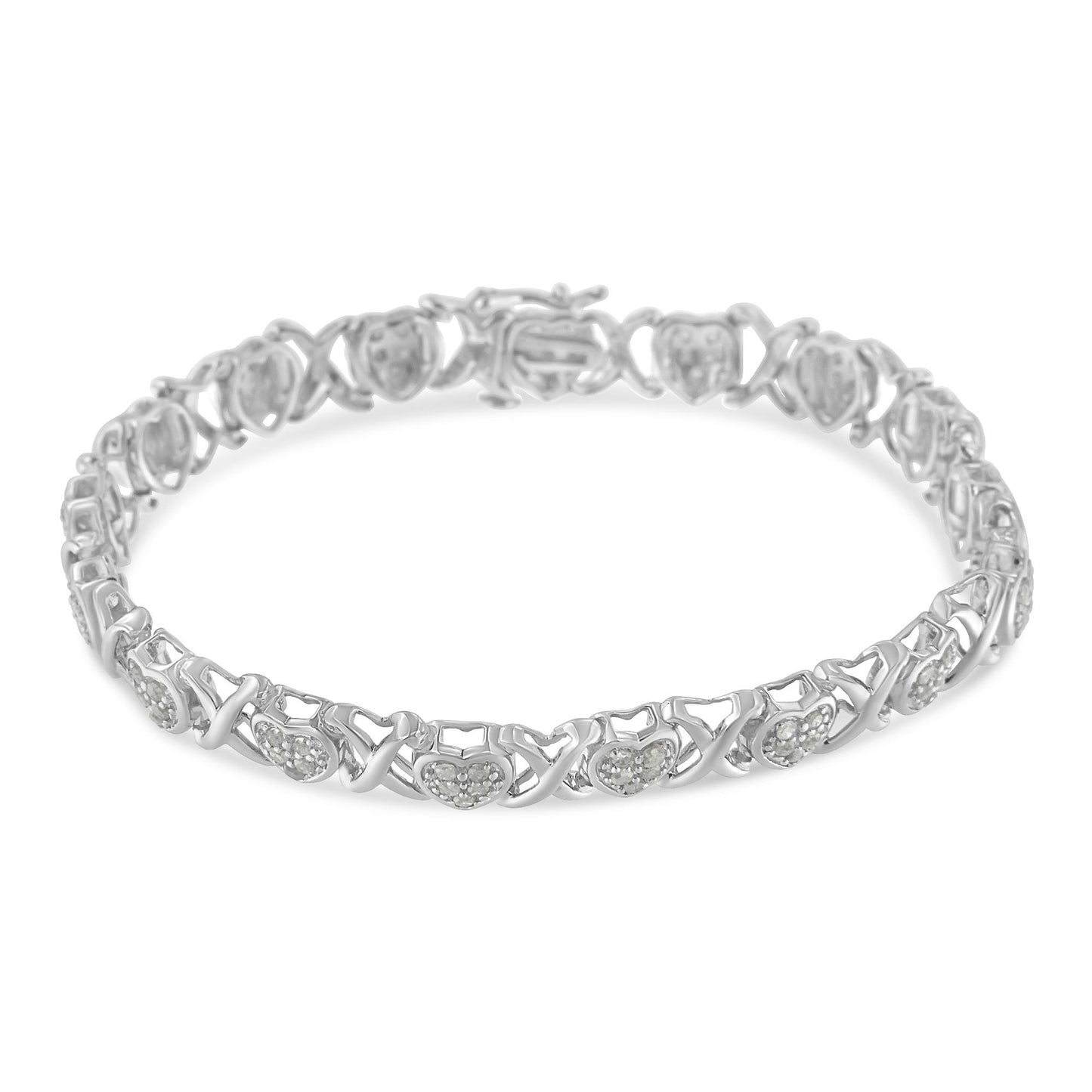 White metal bracelet with heart-shaped links featuring pave-set white gemstones, shown from a slightly elevated angle on a white background.