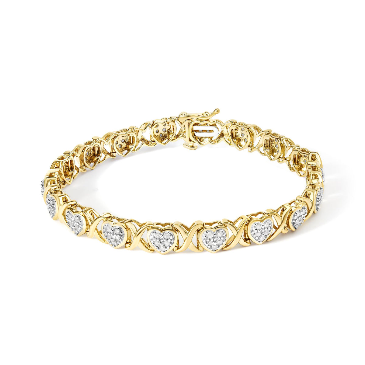 Close-up front angle of a yellow metal bracelet with heart-shaped links, each set with multiple small white gemstones, showcased on a white background.