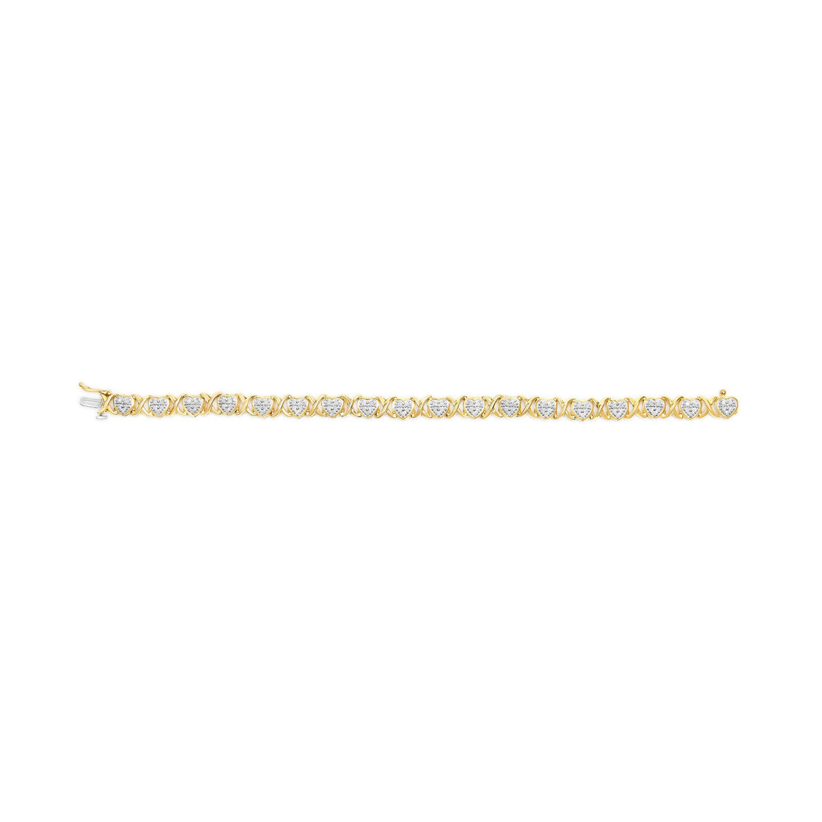 Yellow bracelet shown flat from a top view featuring a repeating pattern of heart shapes set with white round gemstones in prong settings.