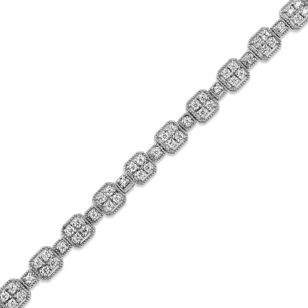 Diagonal close-up of a white metal bracelet featuring alternating square and round settings with white round gemstones in prong settings.
