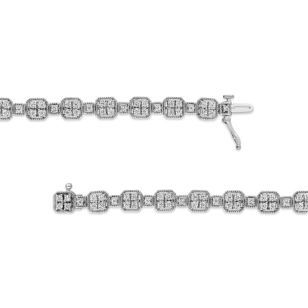 Top-down view of a white bracelet featuring square and small rectangular links, each adorned with multiple round white gemstones in prong settings, shown unclasped on a white background.