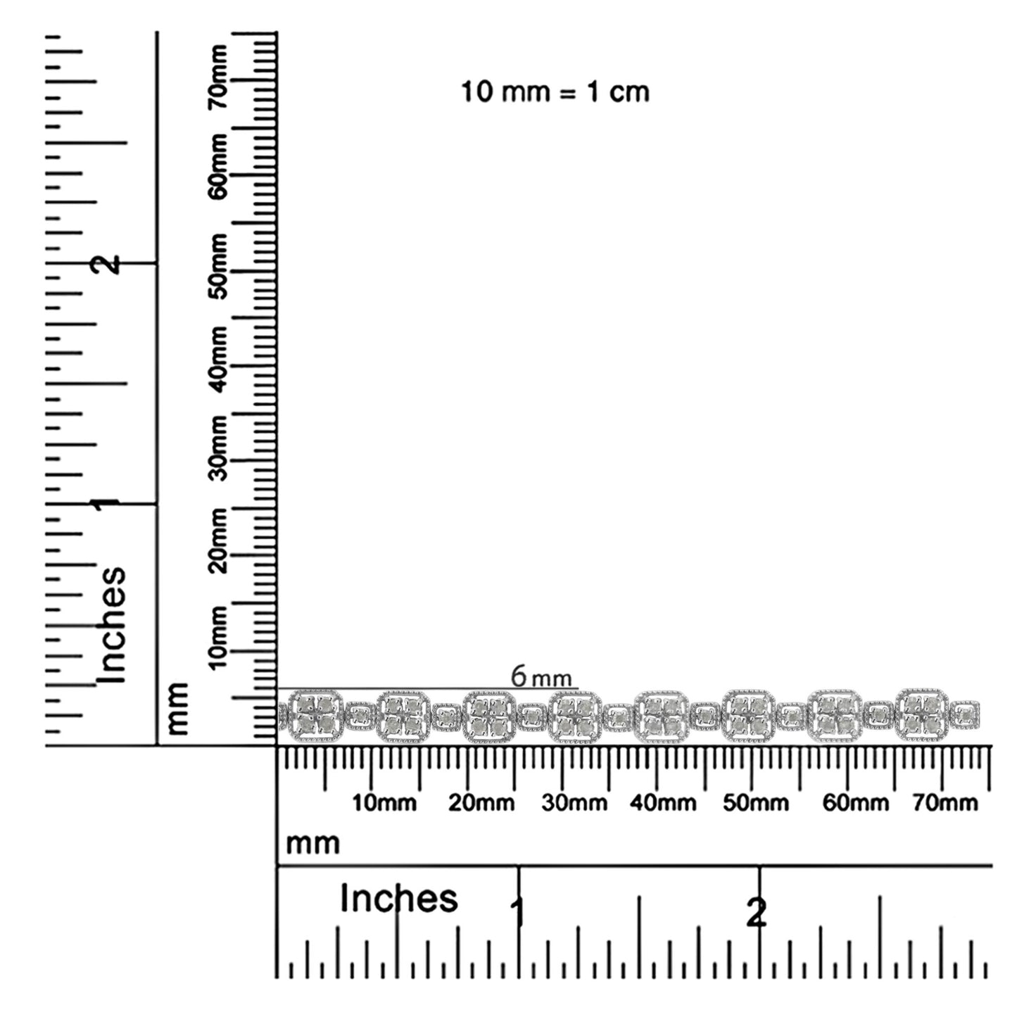 White metal bracelet with multiple square links, each adorned with round white gemstones in prong settings, displayed flat on a ruler for size reference, top-down angle.