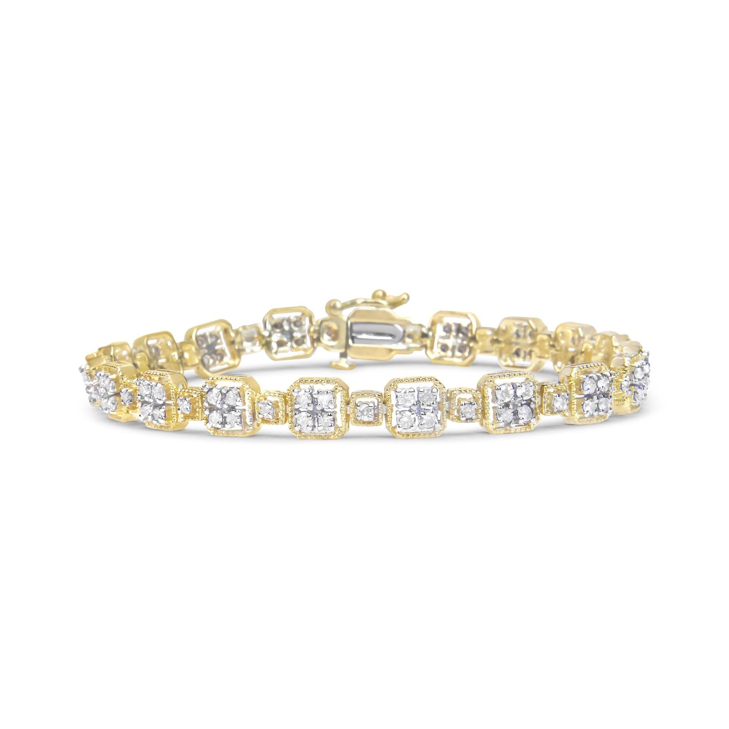Yellow bracelet with square links and white round gemstones in prong settings, shown from a front angle.
