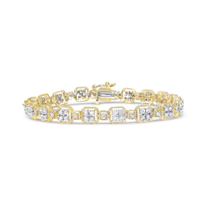 Yellow bracelet with square links and white round gemstones in prong settings, shown from a front angle.