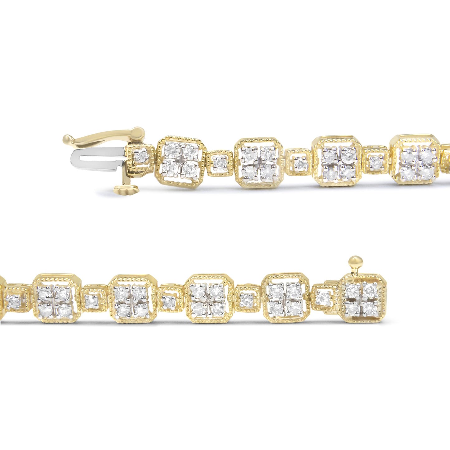 Close-up front angle of a yellow bracelet featuring square-shaped links adorned with clusters of white round gemstones in prong settings on a white background.
