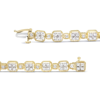 Close-up front angle of a yellow bracelet featuring square-shaped links adorned with clusters of white round gemstones in prong settings on a white background.
