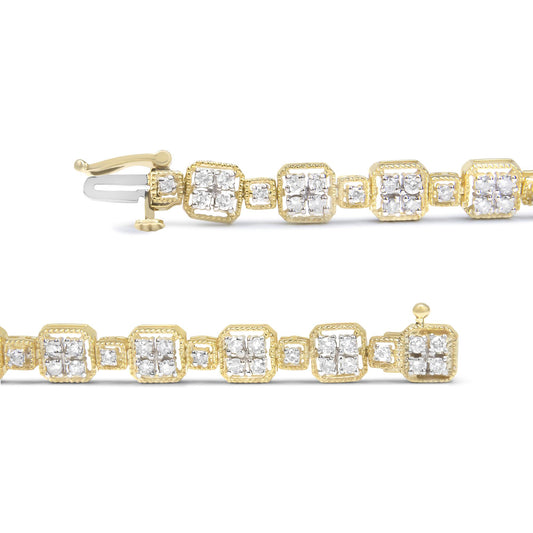 Close-up front angle of a yellow bracelet featuring square-shaped links adorned with clusters of white round gemstones in prong settings on a white background.