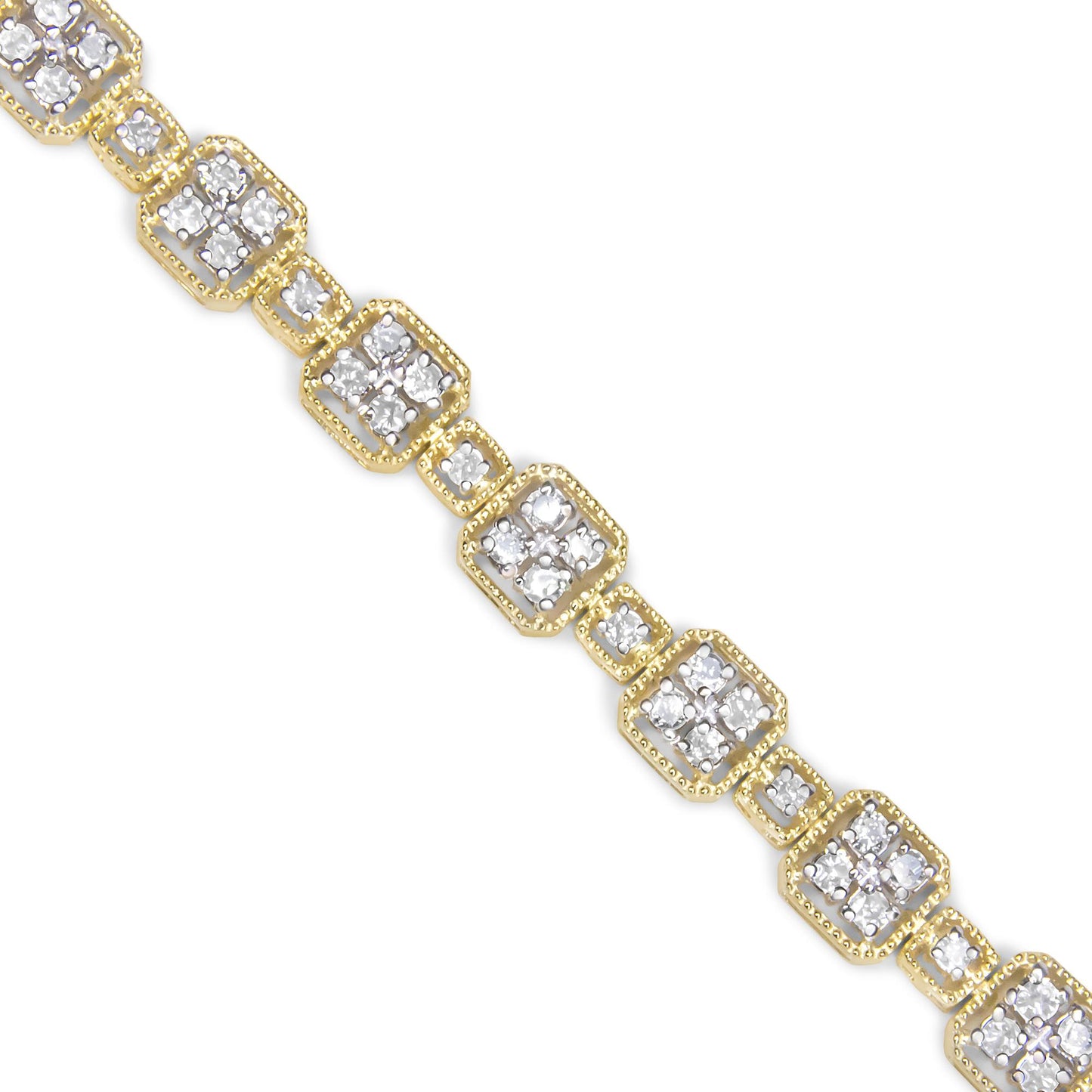 Close-up angled view of a yellow metal bracelet featuring alternating square and smaller square links, each set with round white gemstones in prong settings.