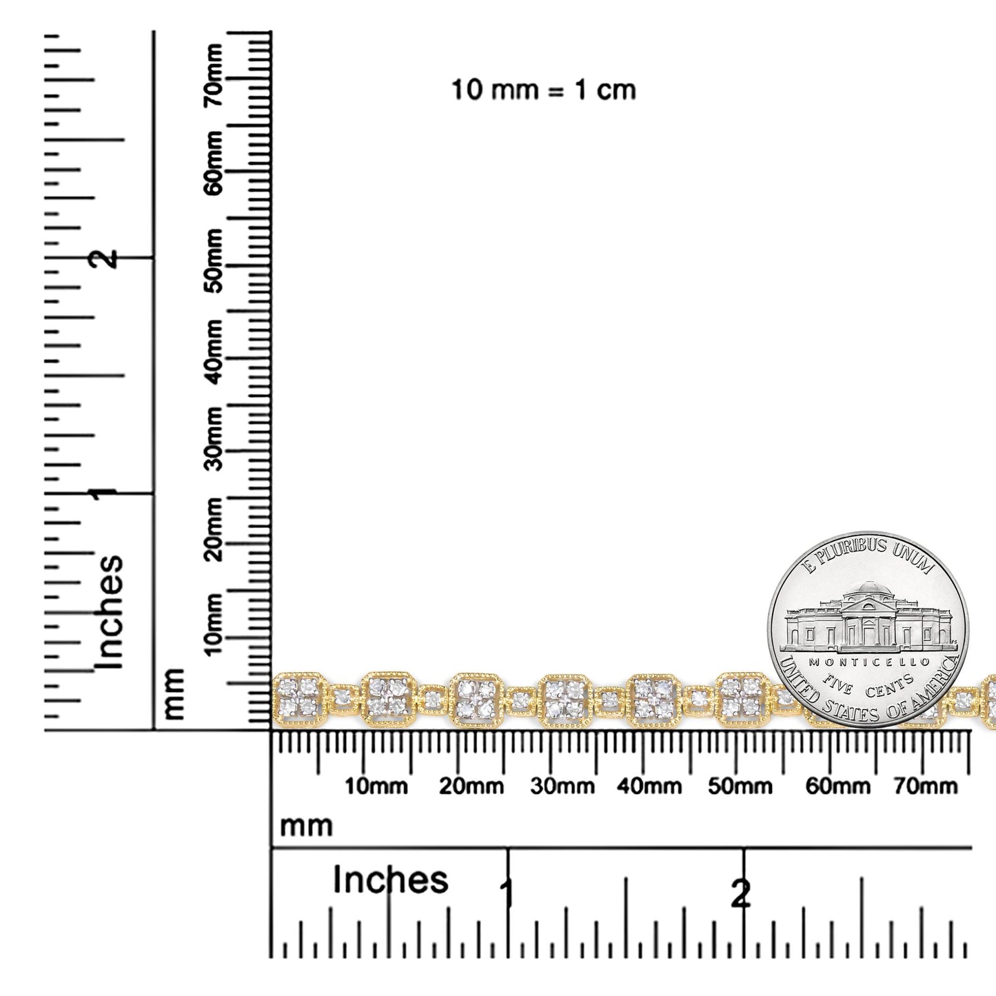 Yellow metal bracelet with square links set with round white gemstones in prong settings, displayed flat on a ruler and with a coin for size reference, front-facing angle.