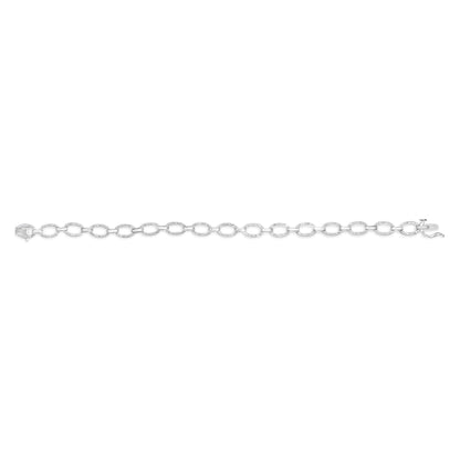 White metal bracelet with oval links encrusted with round white gemstones in prong settings, shown in a top-down view.