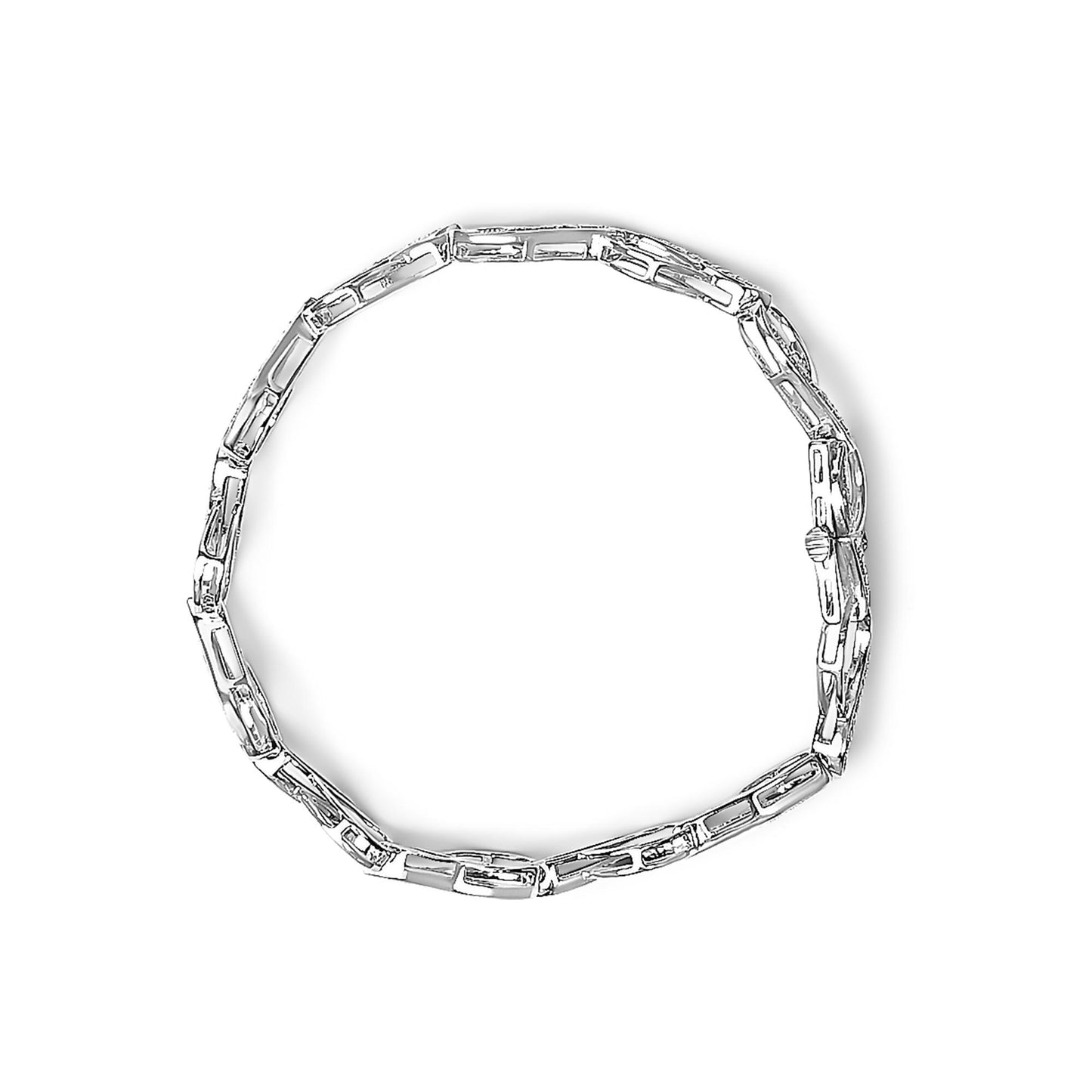 Top-down view of a white bracelet with elongated links, some featuring white round gemstones in prong settings, shown on a white background.