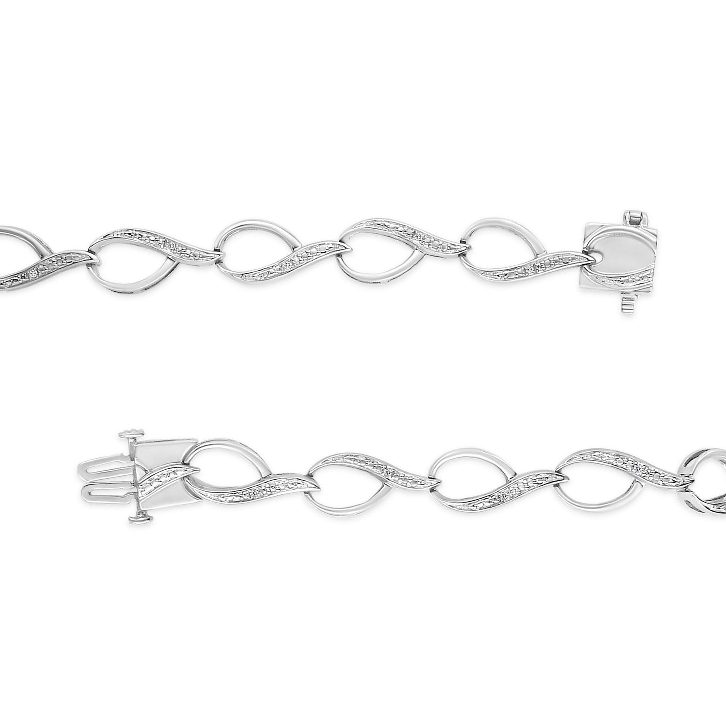 Close-up front view of a white metal bracelet with alternating leaf-shaped links, each featuring small white gemstones in a prong setting, shown on a white background.