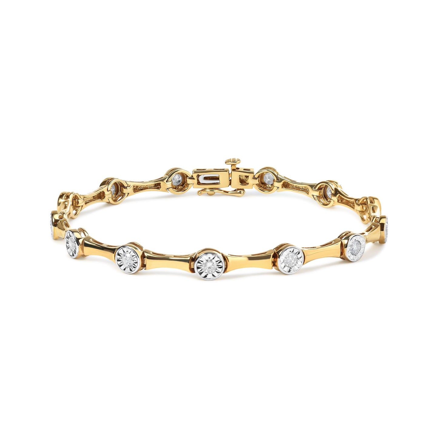 Close-up front angle of yellow bracelet featuring round white gemstones in miracle settings.