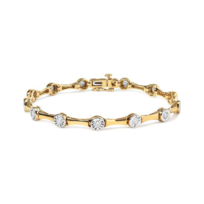 Close-up front angle of yellow bracelet featuring round white gemstones in miracle settings.