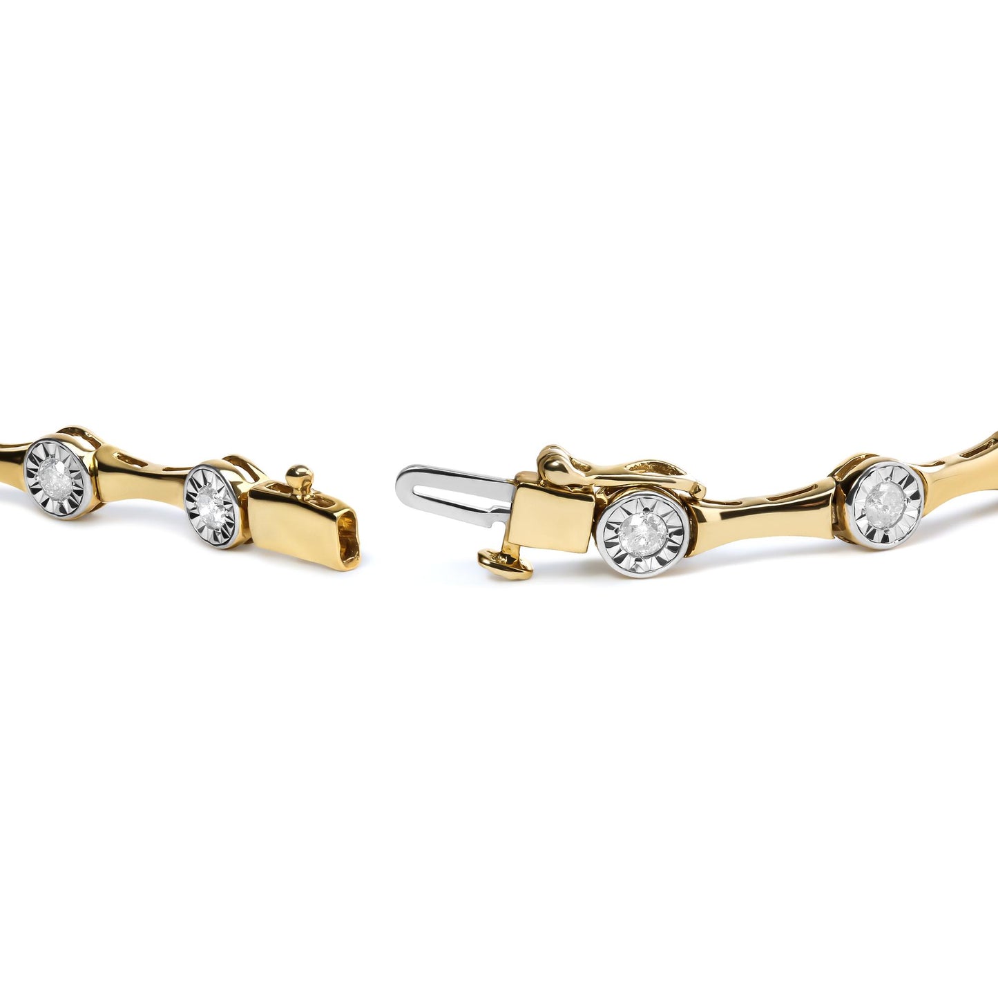 Close-up angle of a yellow bracelet featuring round white gemstones set in a miracle setting, shown with the clasp open.