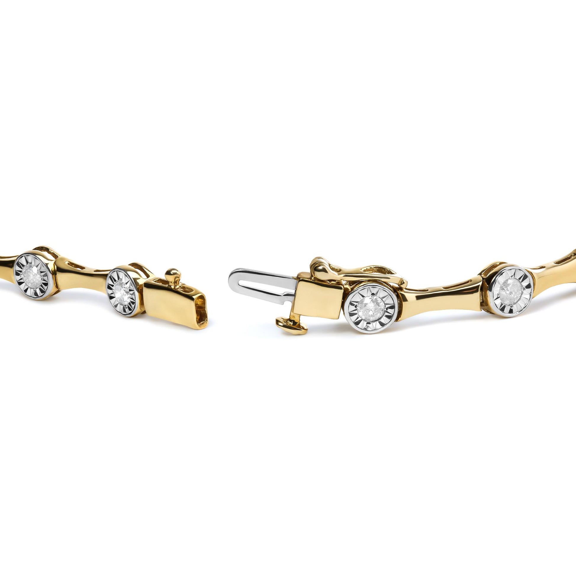 Close-up angle of a yellow bracelet featuring round white gemstones set in a miracle setting, shown with the clasp open.