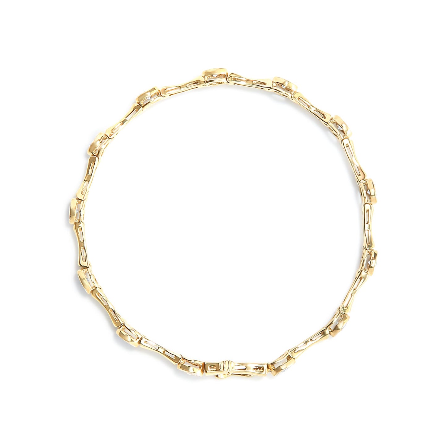 Top-down view of a yellow bracelet with linked segments, each set with round white gemstones in a miracle setting.