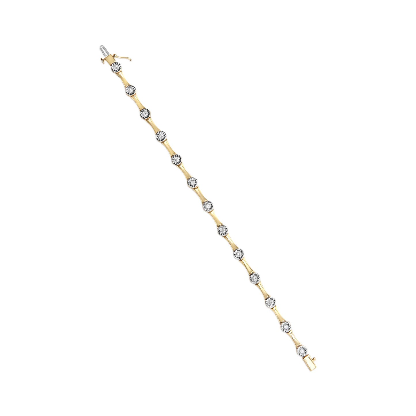 Yellow bracelet with round white gemstones in miracle settings, shown flat from a top angle.