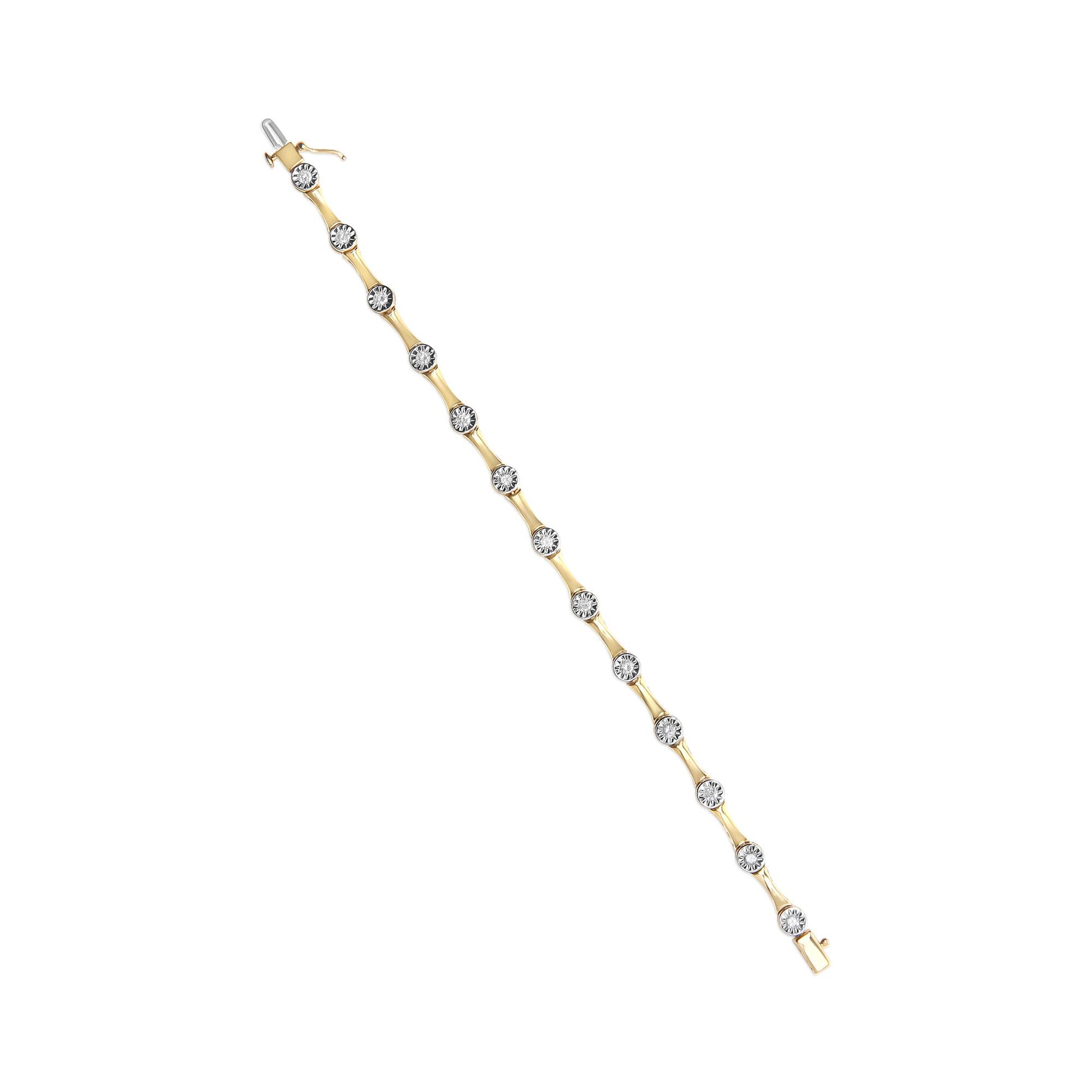 Yellow bracelet with round white gemstones in miracle settings, shown flat from a top angle.