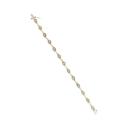 Yellow bracelet with round white gemstones in miracle settings, shown flat from a top angle.