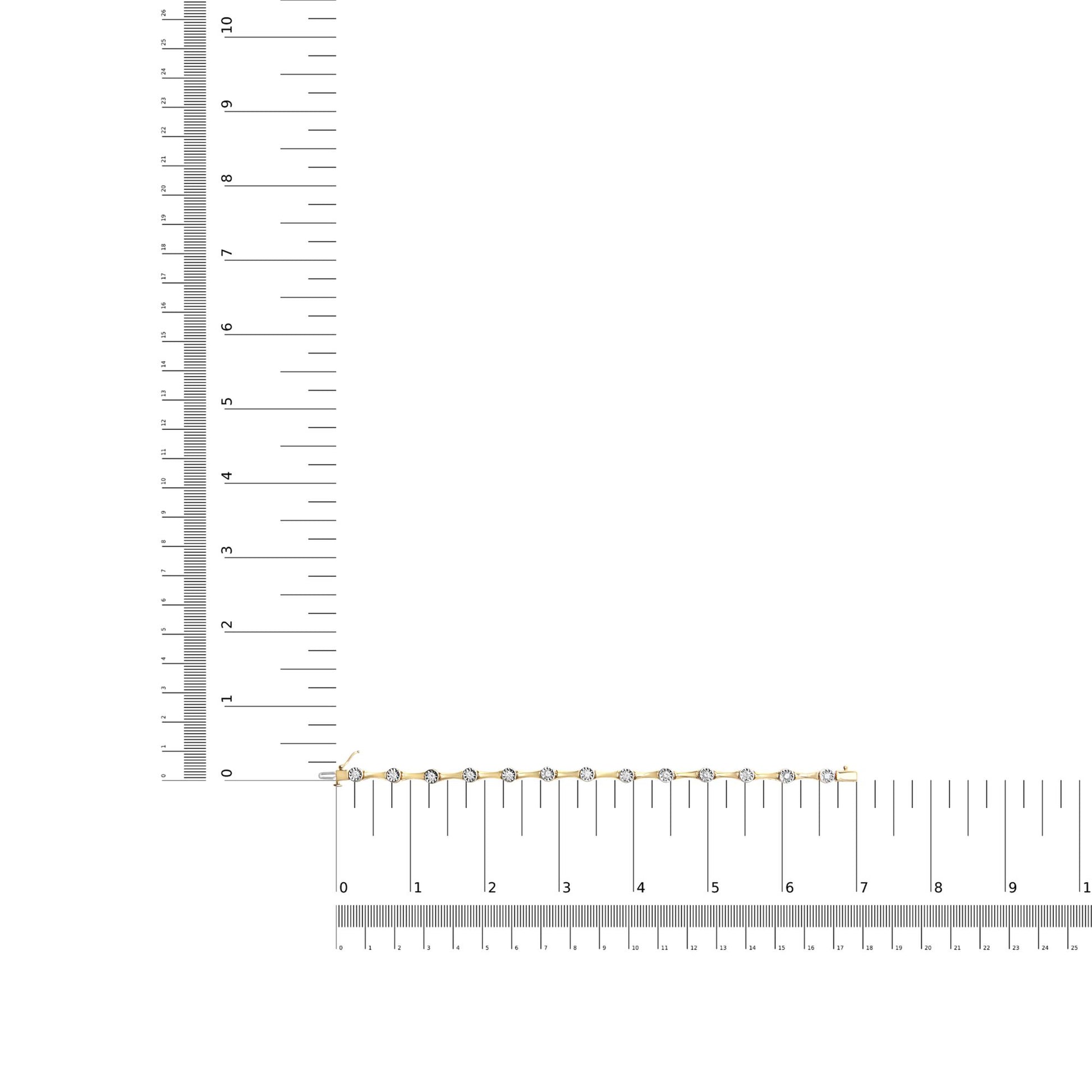 Yellow metal bracelet with round white gemstones in miracle setting, placed on an L-shaped ruler for size reference, photographed from above.