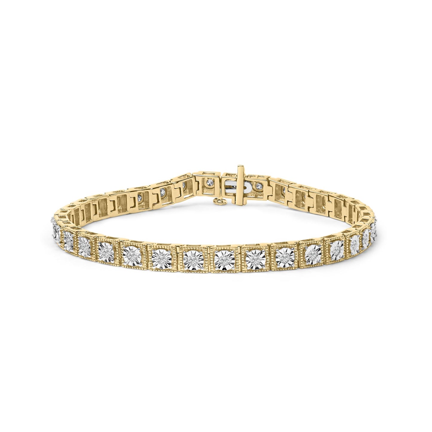 Yellow metal bracelet with round white gemstones in miracle settings, shown from a front angle.