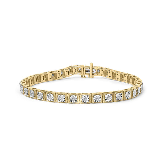 Yellow metal bracelet with round white gemstones in miracle settings, shown from a front angle.