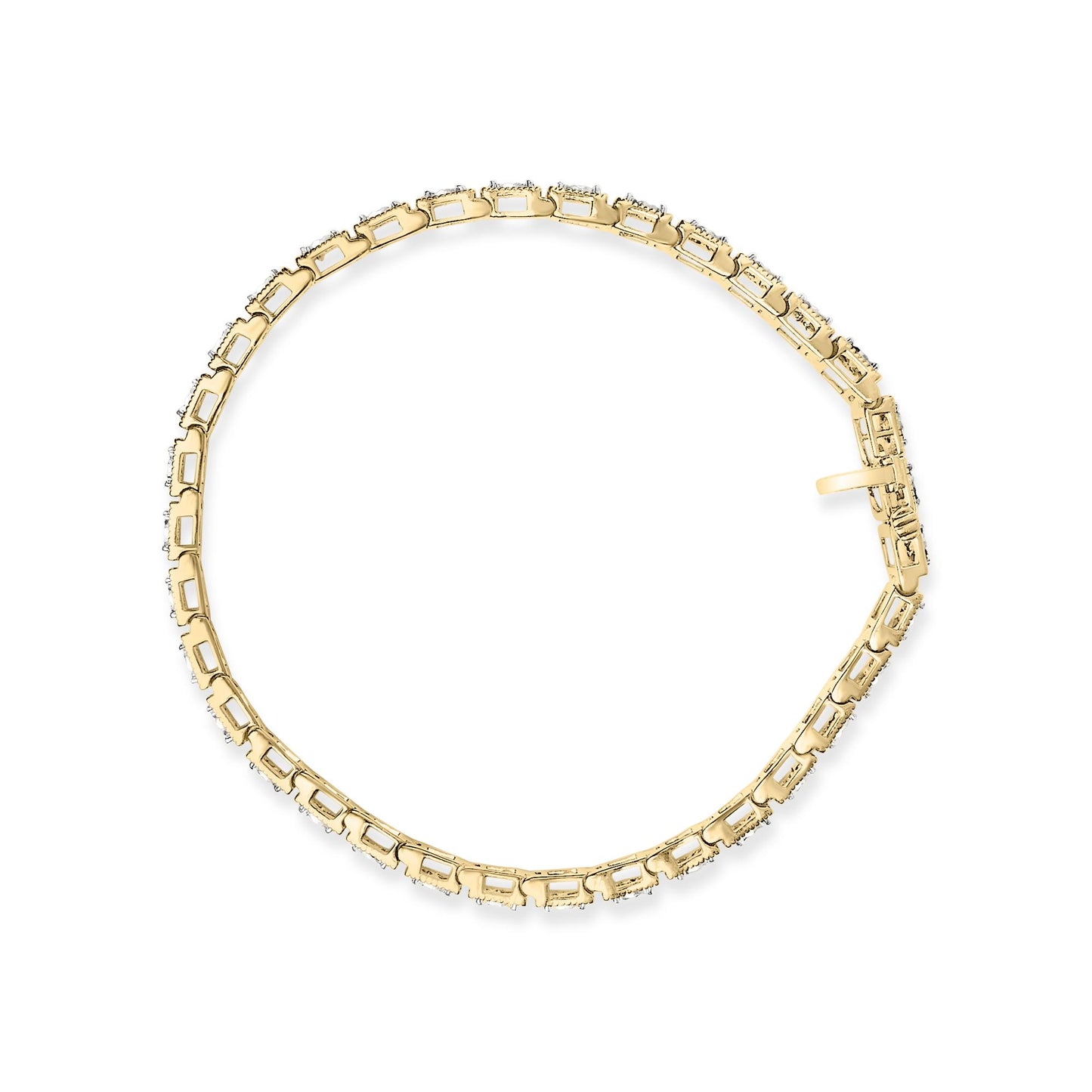 Top-down view of a yellow metal bracelet with round white gemstones in a miracle setting forming a continuous loop.