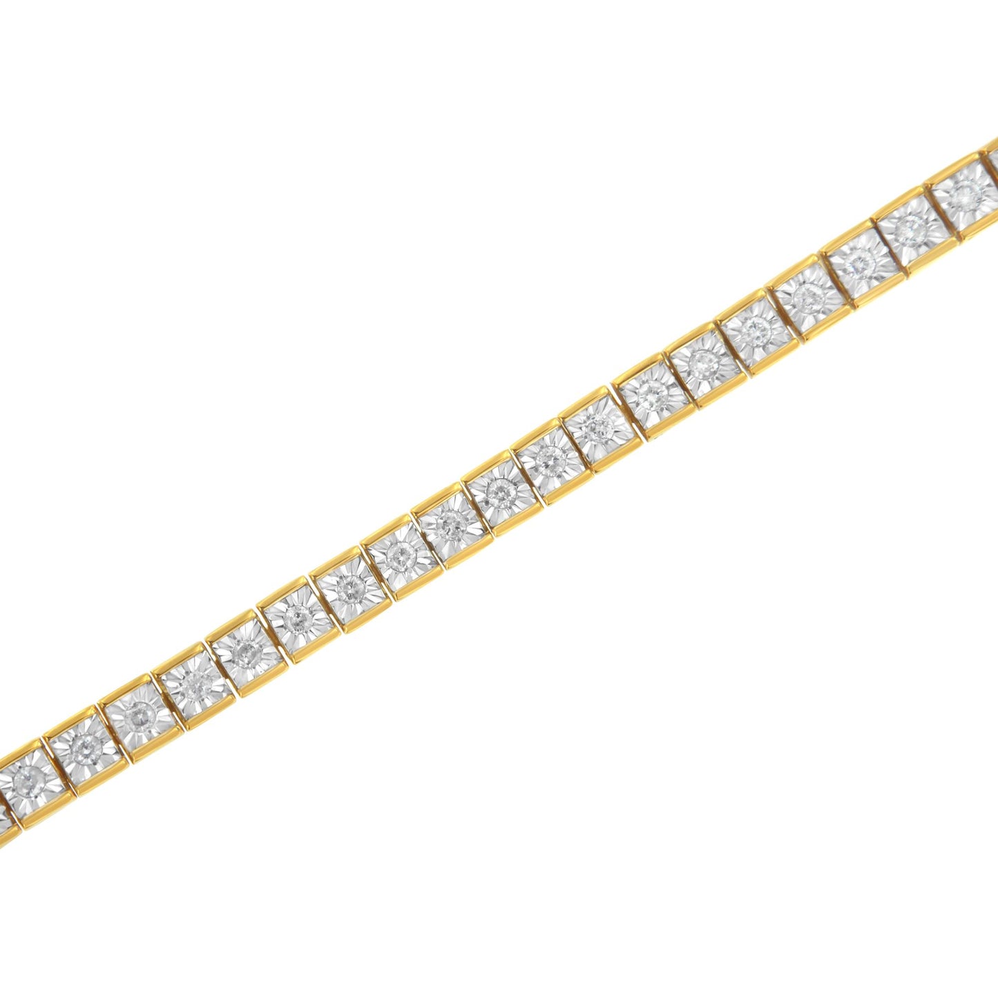 Diagonal close-up of a yellow bracelet featuring square links each set with a round white gemstone in a miracle setting.