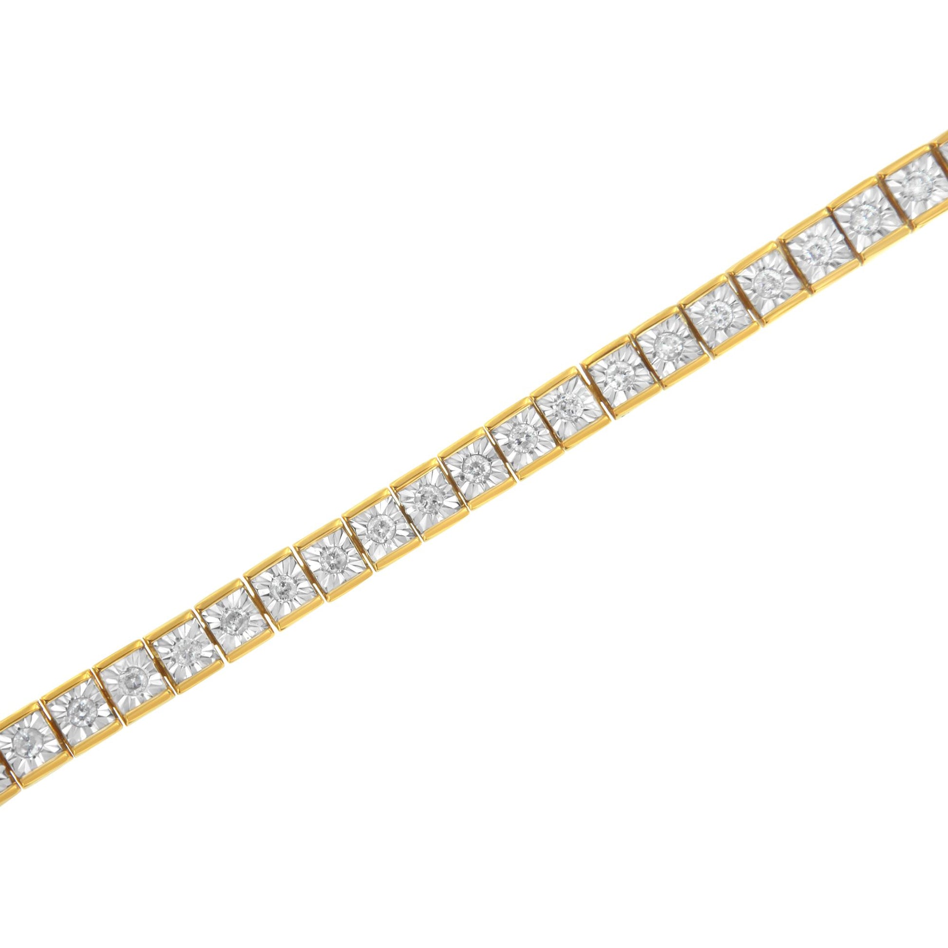 Diagonal close-up of a yellow bracelet featuring square links each set with a round white gemstone in a miracle setting.