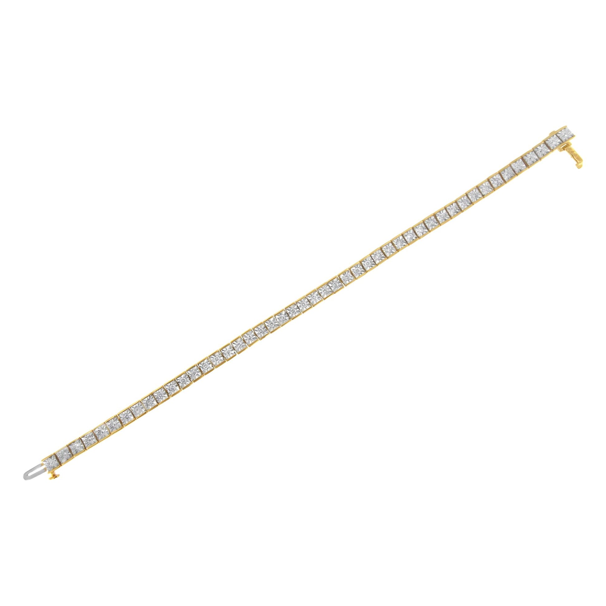 Yellow metal bracelet with a row of round white gemstones in a miracle setting, shown from an angled top view on a white background.