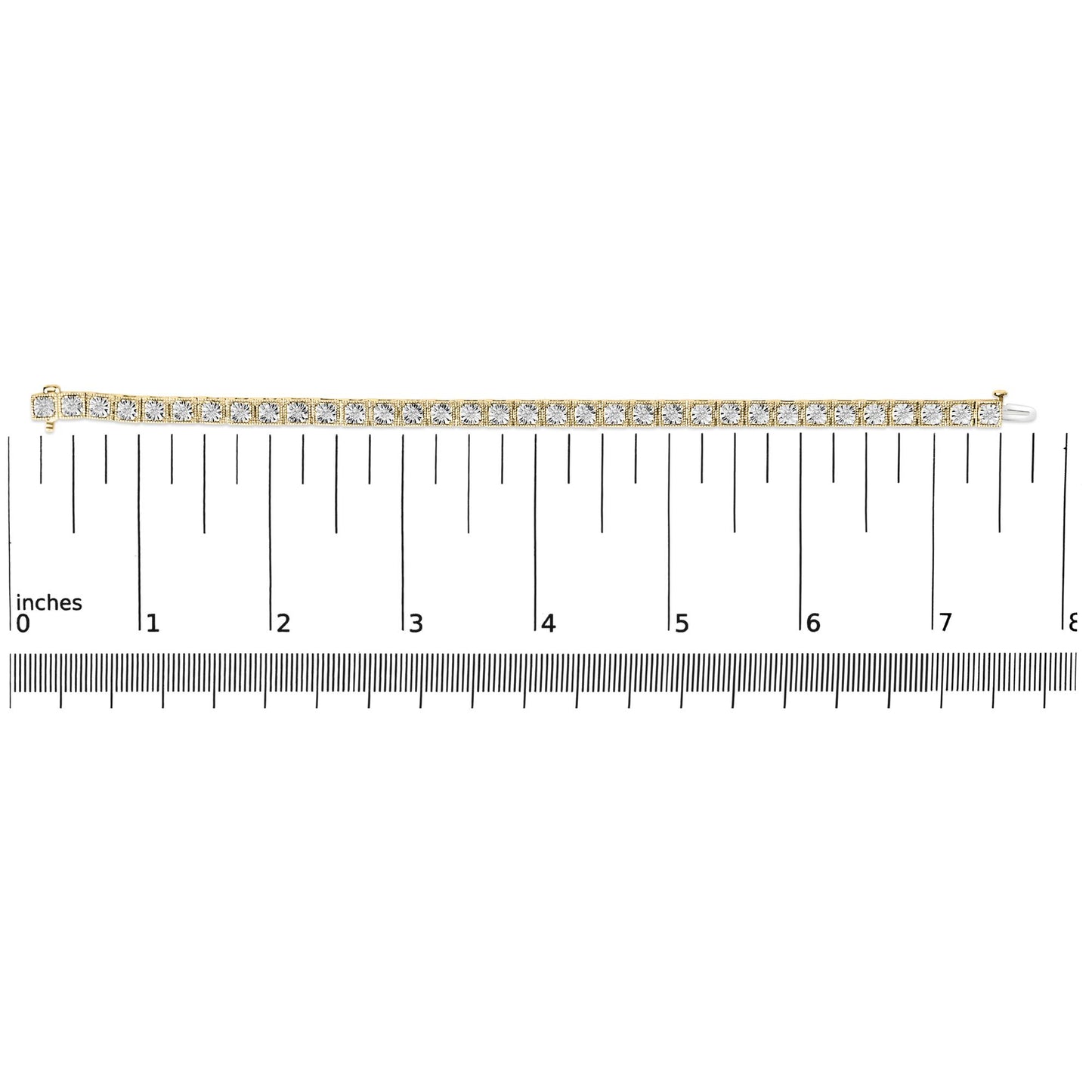 Top-down view of a yellow bracelet with round white gemstones in miracle settings, placed on a ruler for size reference.