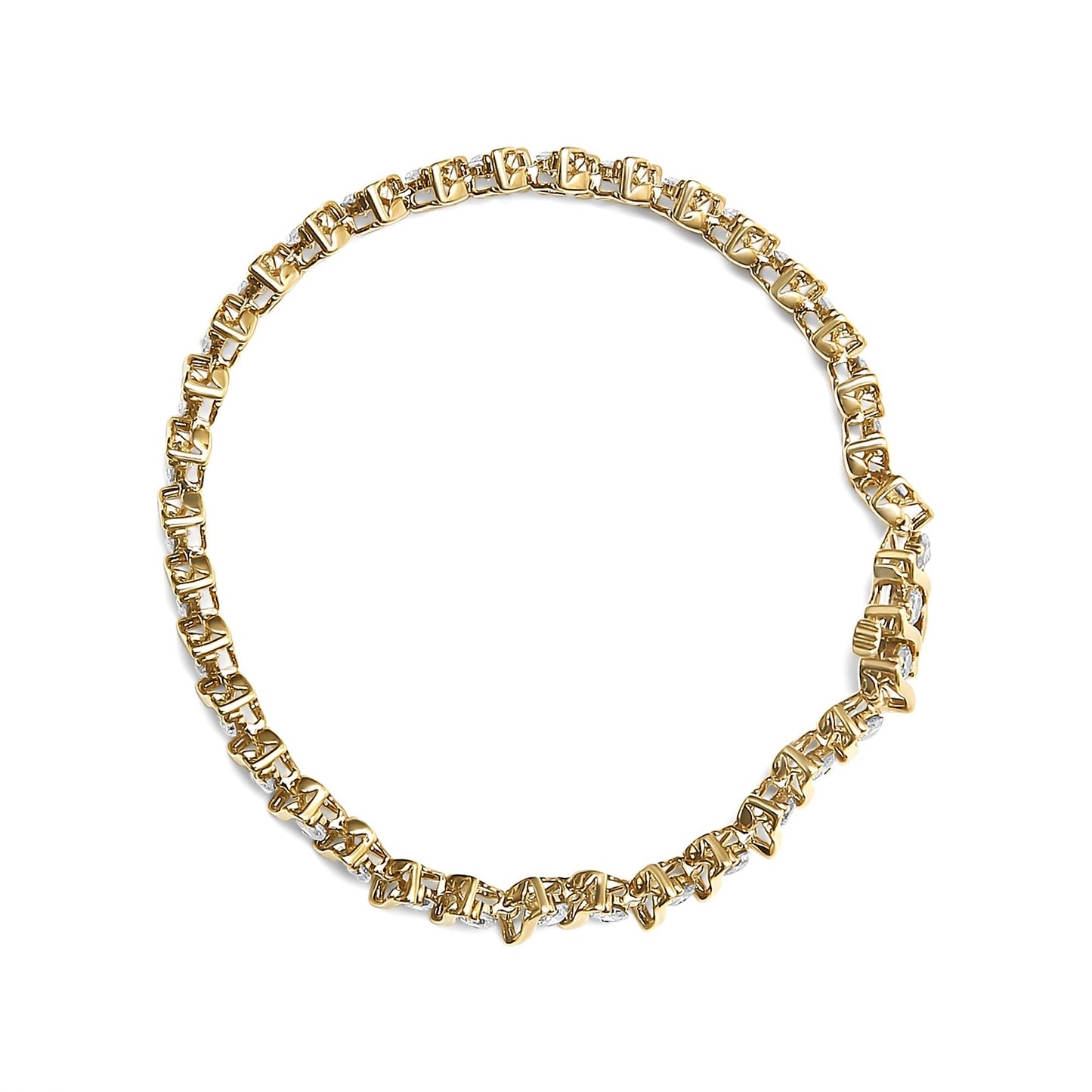 Top-down view of a yellow metal bracelet with round prong-set brownish gemstones linked in a circular design.