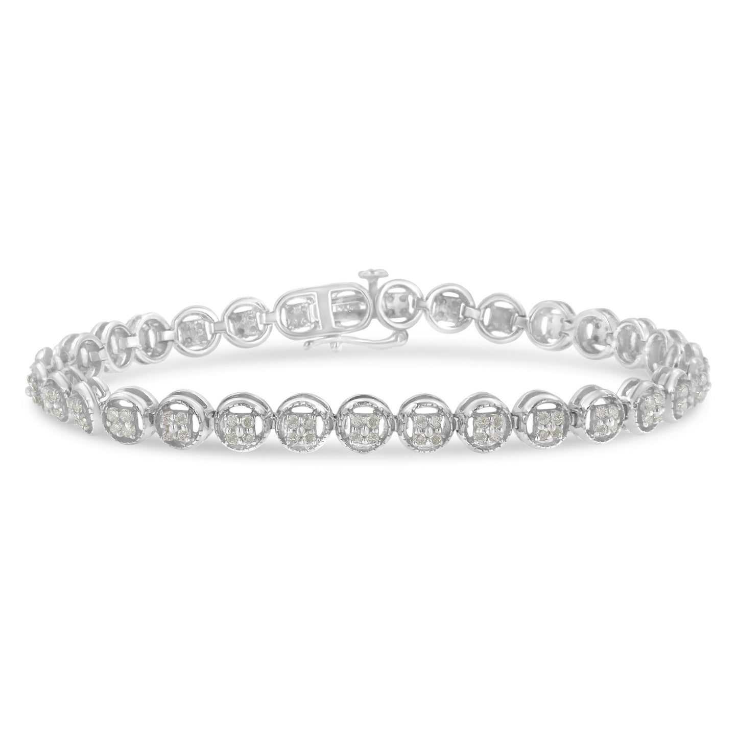 White metal bracelet with round white gemstones in prong settings, photographed from the front angle.