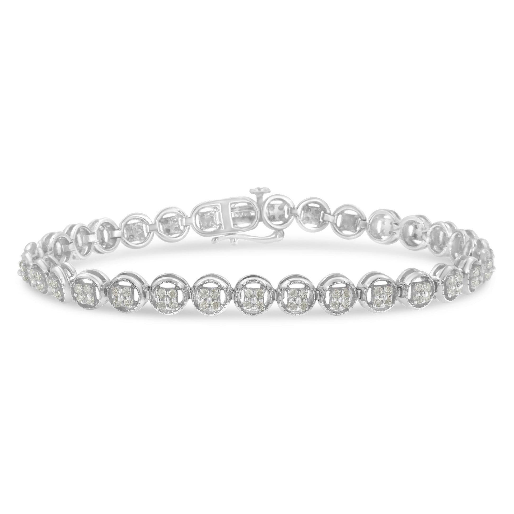 White metal bracelet with round white gemstones in prong settings, photographed from the front angle.