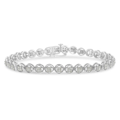 White metal bracelet with round white gemstones in prong settings, photographed from the front angle.