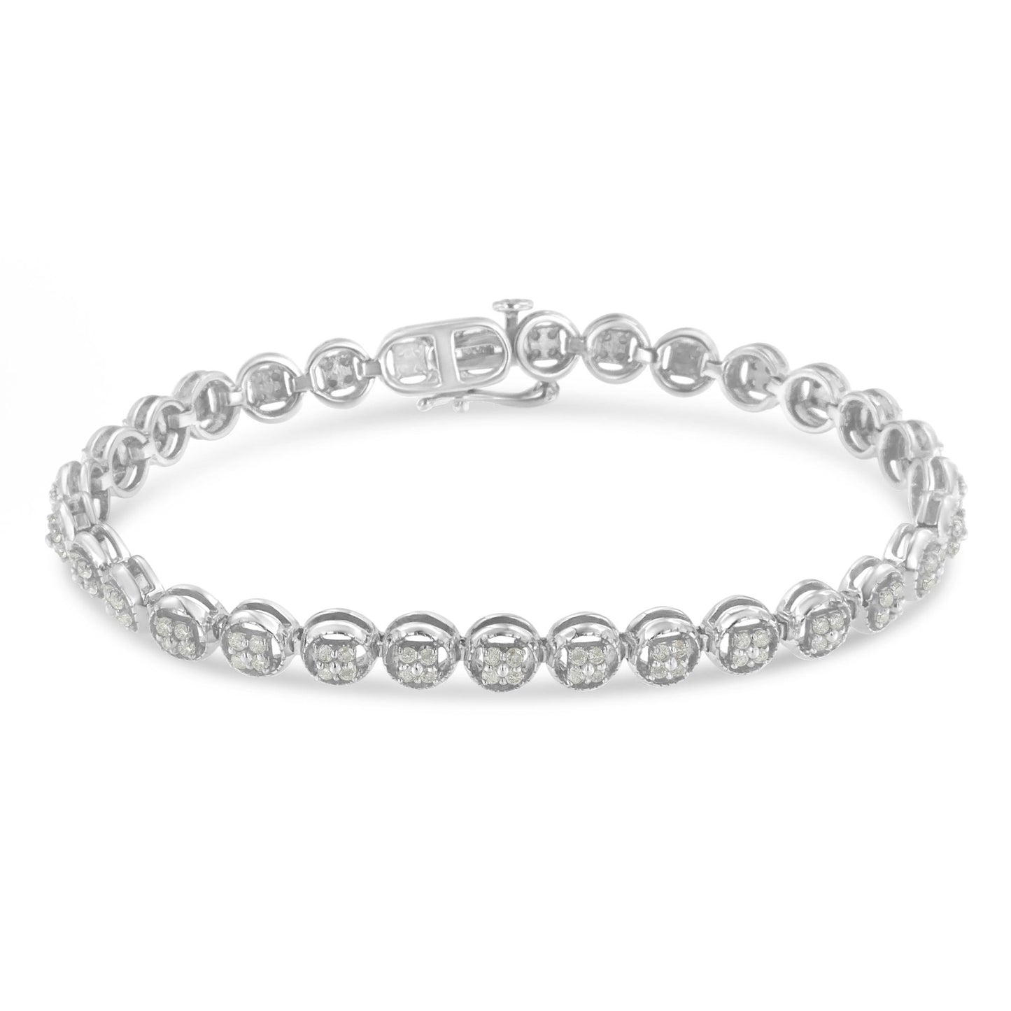 White metal bracelet with round white gemstones in prong settings, shown in a front angle view.