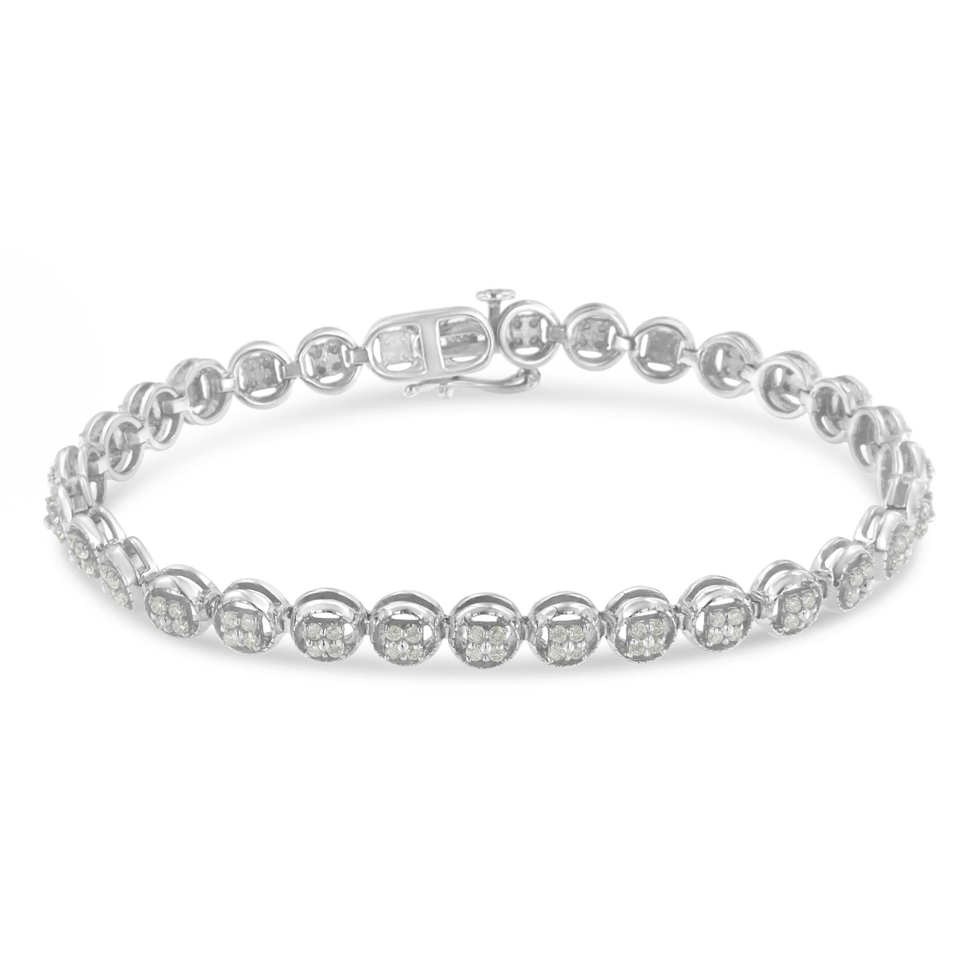 White metal bracelet with round white gemstones in prong settings, shown in a front angle view.